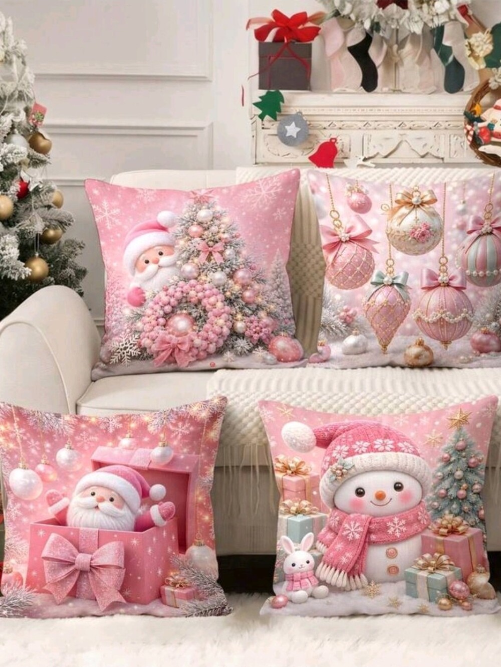 Pink Christmas Holiday Decorative Throw Pillow Covers - Set of 4